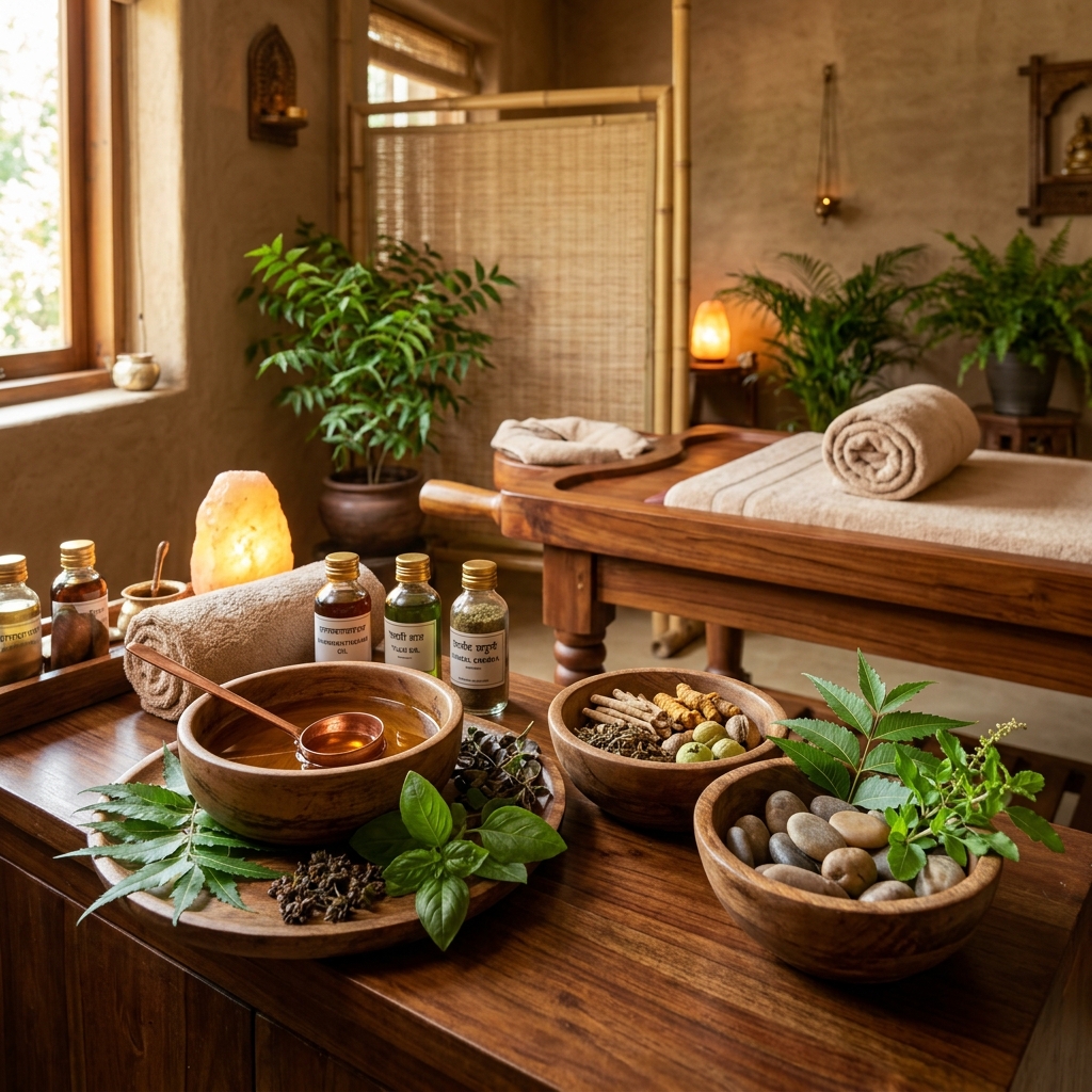 Traditional bronze vessel and fresh green leaves representing organic wellness at the clinic.