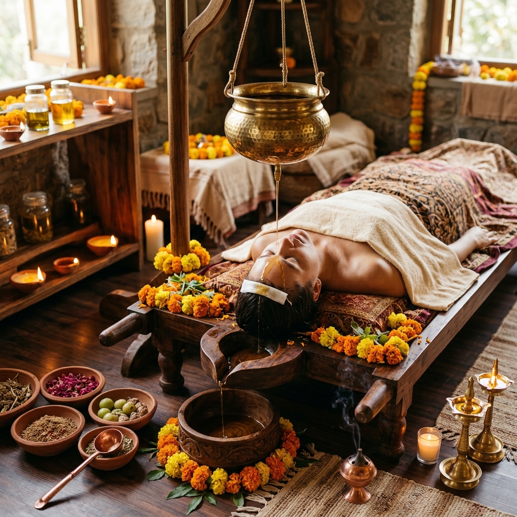 Shirodhara and therapy setup for Panchakarma.