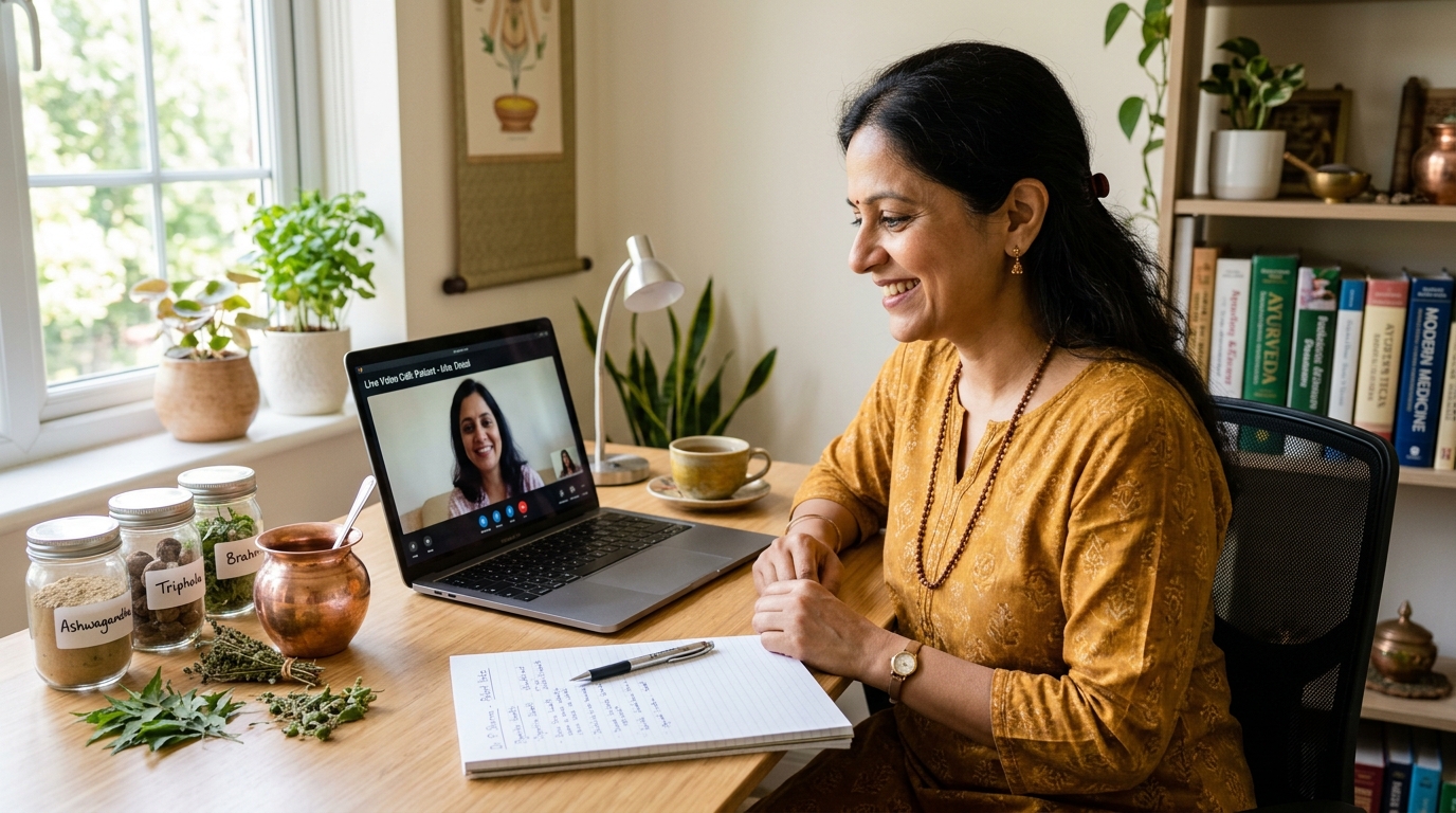 Senior Ayurvedic Doctor conducting live online video consultation with herbs and notes